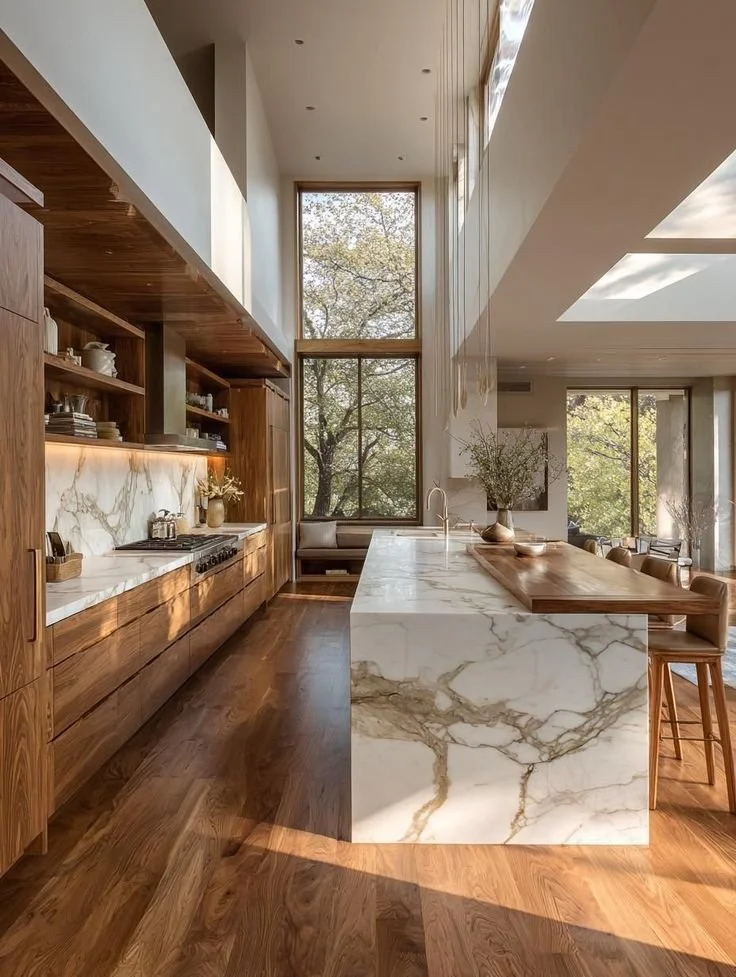Timeless kitchen design showcasing a beautiful marble waterfall island.