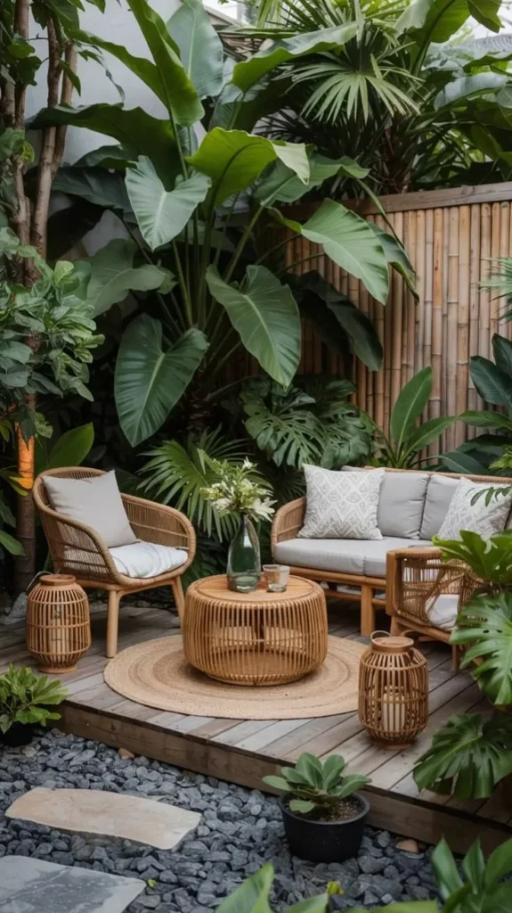 Tropical outdoor living space featuring rattan furniture and lush greenery garden ideas.