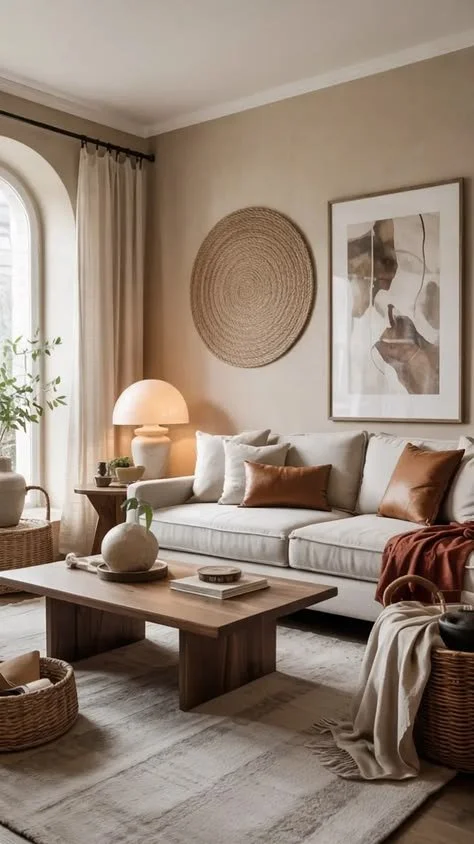 Cozy living room decor featuring earthy tones and modern art for a stylish 2026 look.
