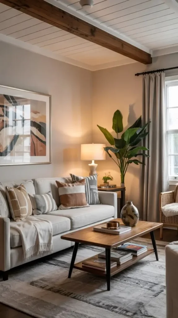 Warm neutral living room showcasing modern cozy decor with abstract art and indoor plants.