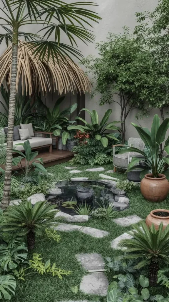 Beautiful Zen garden pond surrounded by tropical plants and landscaping.